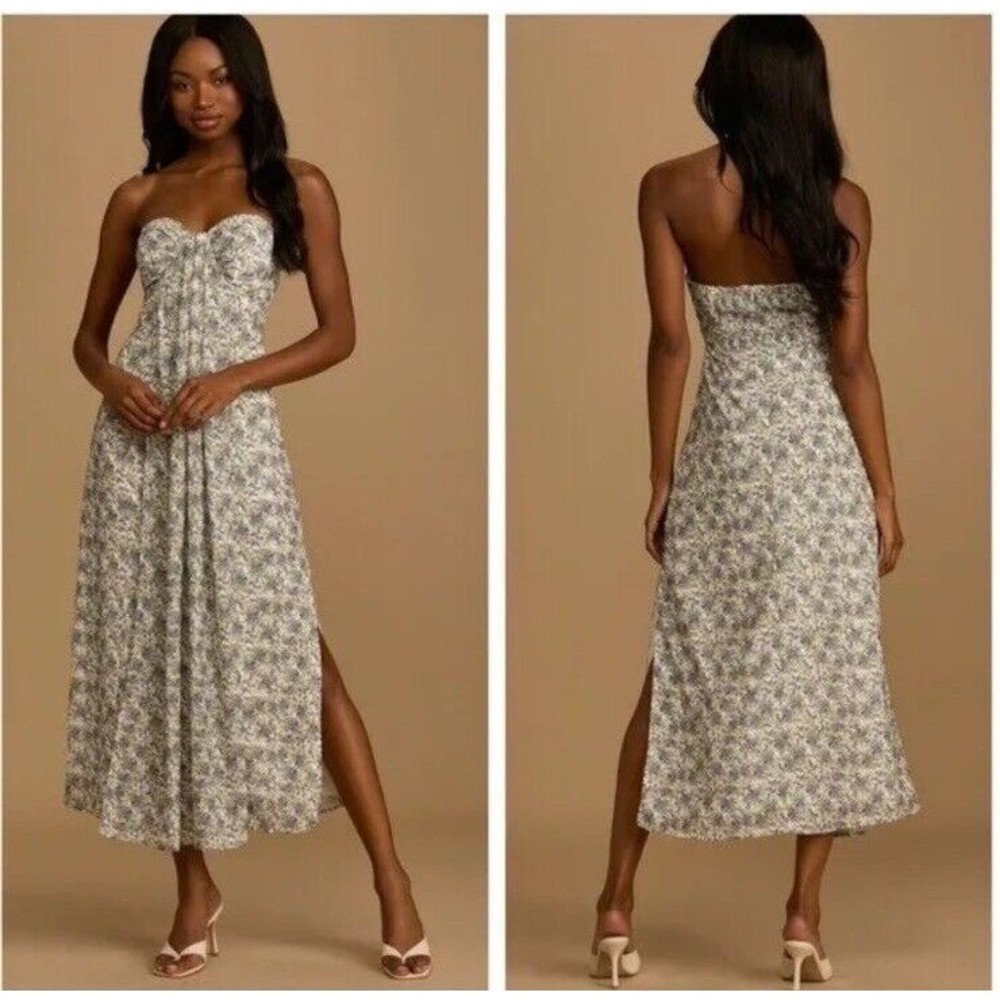 Lulus Women's Ivory Floral Strapless Side Slit Maxi Dress New Size Large